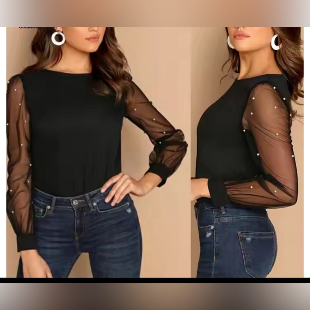 Shein black mesh pearl beaded long sleeve blouse size S
